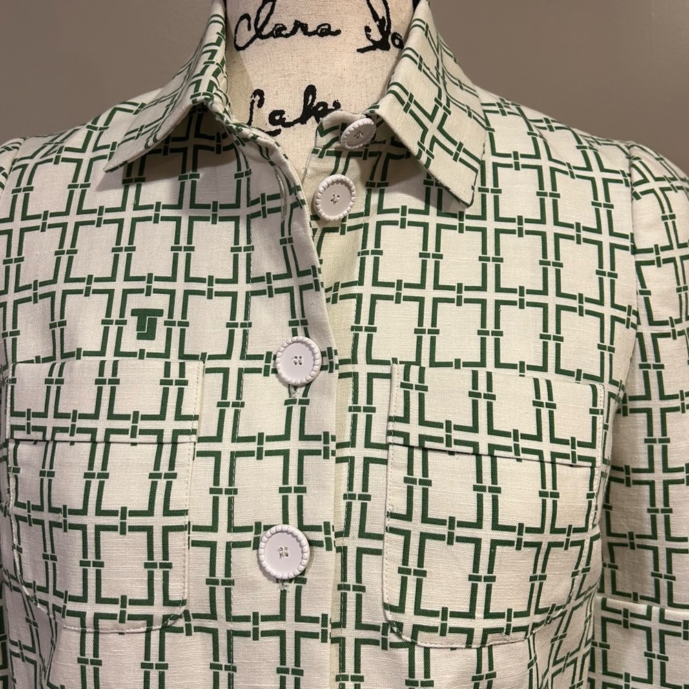 Tara Jarmon Christine Woven Chain Link Logo Pattern Collar Button Front Top - Picture 5 of 14